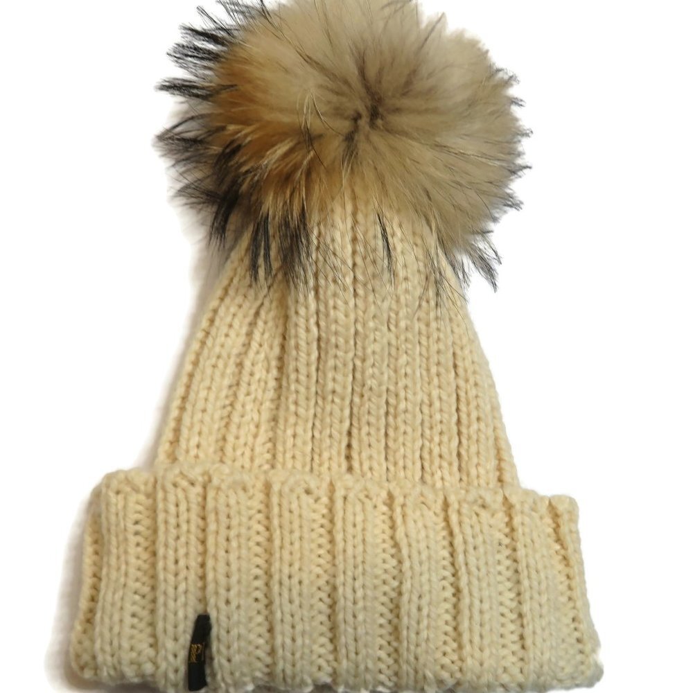 HIPL Faux Fur Pom Beanie Hat Beige Wool Cuffed Ribbed Winter